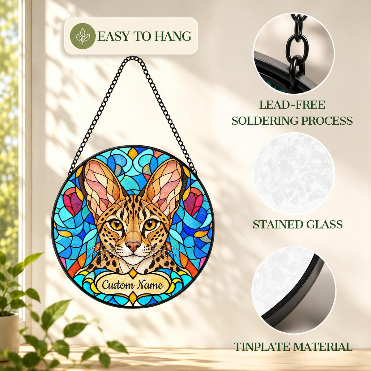 Personalized Savannah Cat Suncatcher, Custom Name, Floral Stained Glass Window Hanging