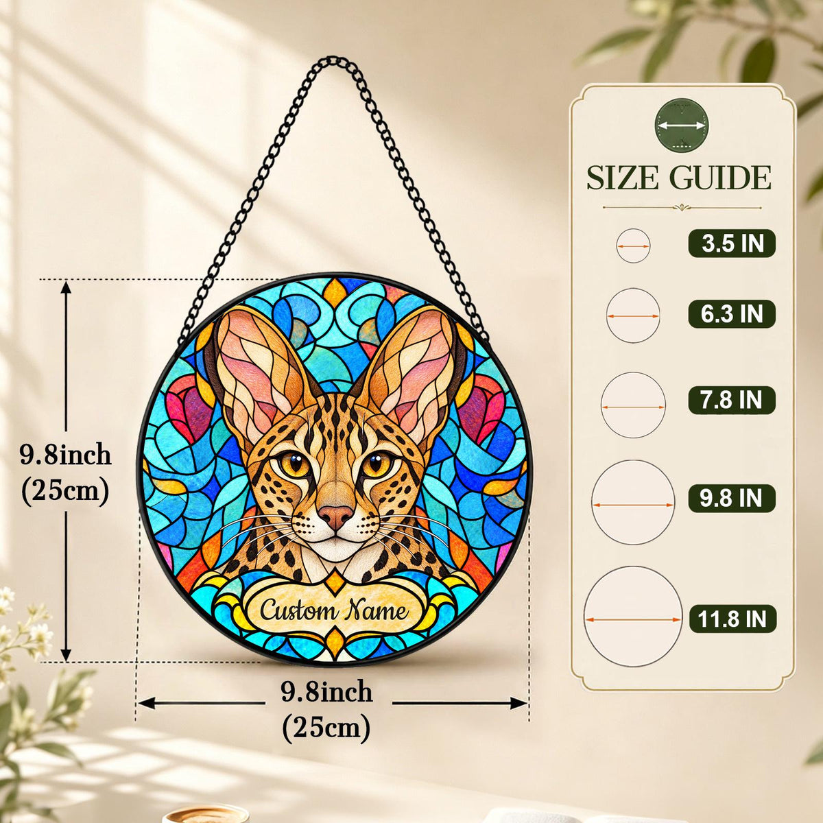 Personalized Savannah Cat Suncatcher, Custom Name, Floral Stained Glass Window Hanging