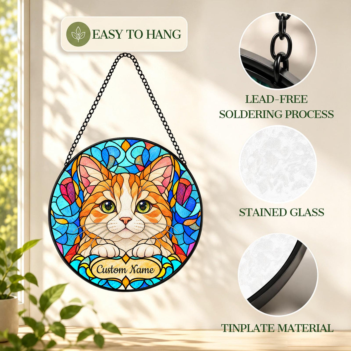 Personalized Munchkin Cat Suncatcher, Custom Name, Floral Stained Glass Window Hanging