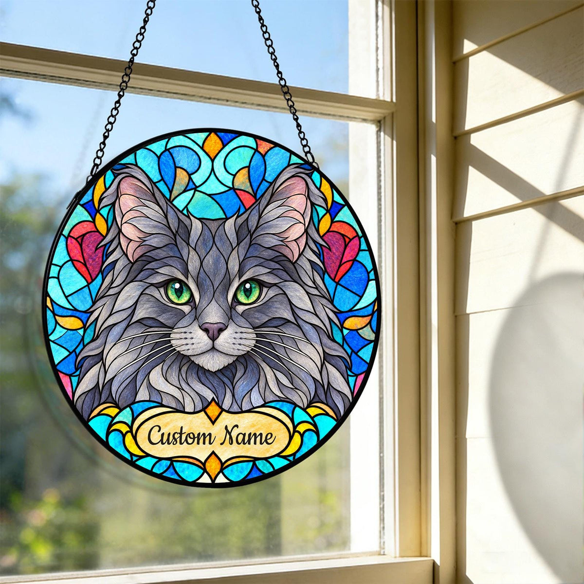 Personalized Nebelung Cat Suncatcher, Custom Name, Floral Stained Glass Window Hanging