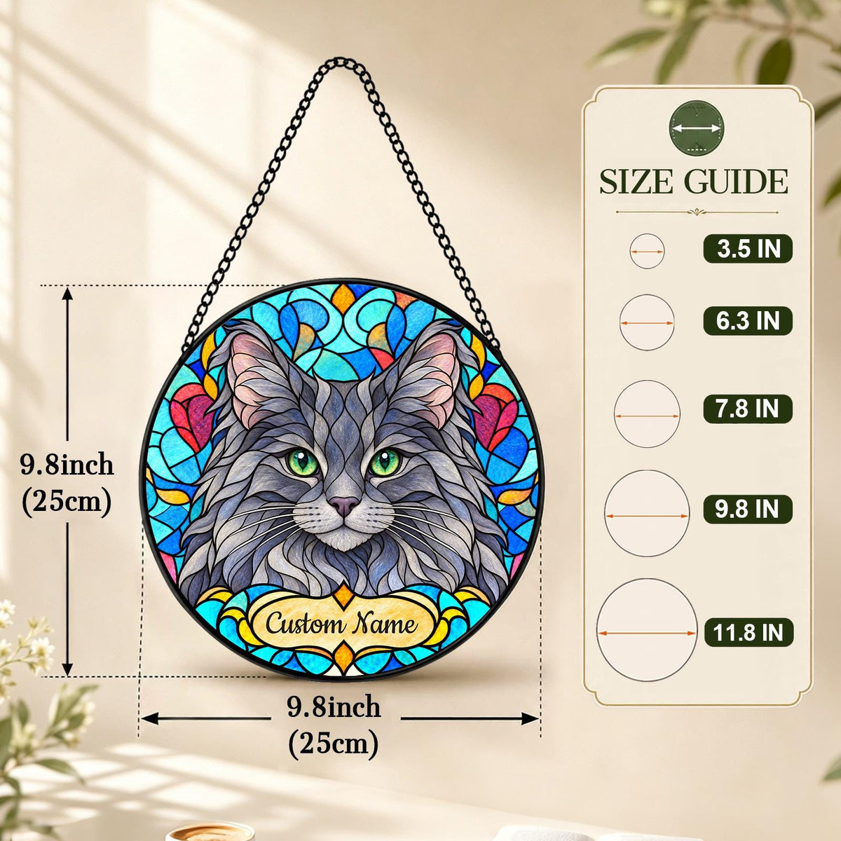 Personalized Nebelung Cat Suncatcher, Custom Name, Floral Stained Glass Window Hanging
