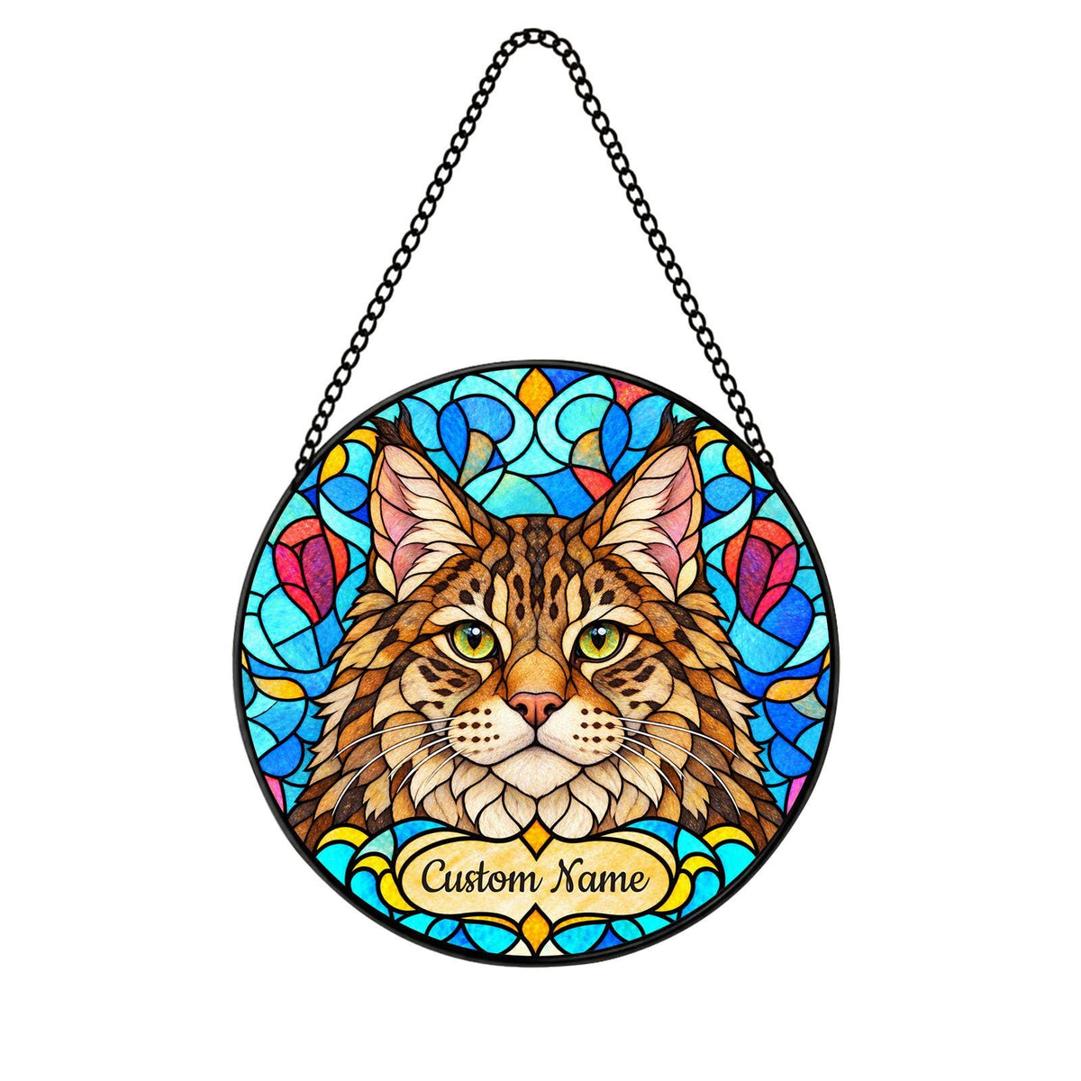 Personalized Pixie-bob Cat Suncatcher, Custom Name, Floral Stained Glass Window Hanging