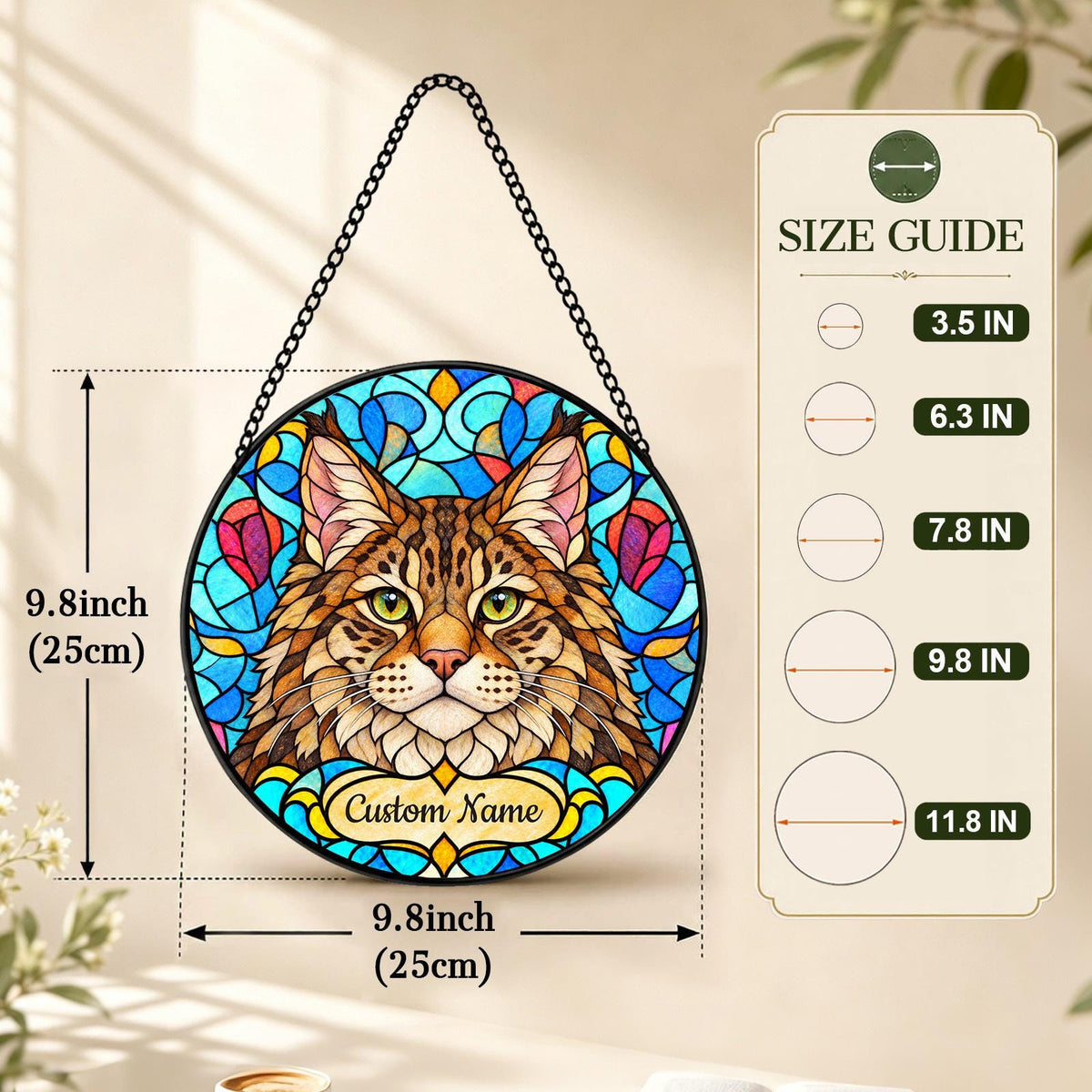Personalized Pixie-bob Cat Suncatcher, Custom Name, Floral Stained Glass Window Hanging