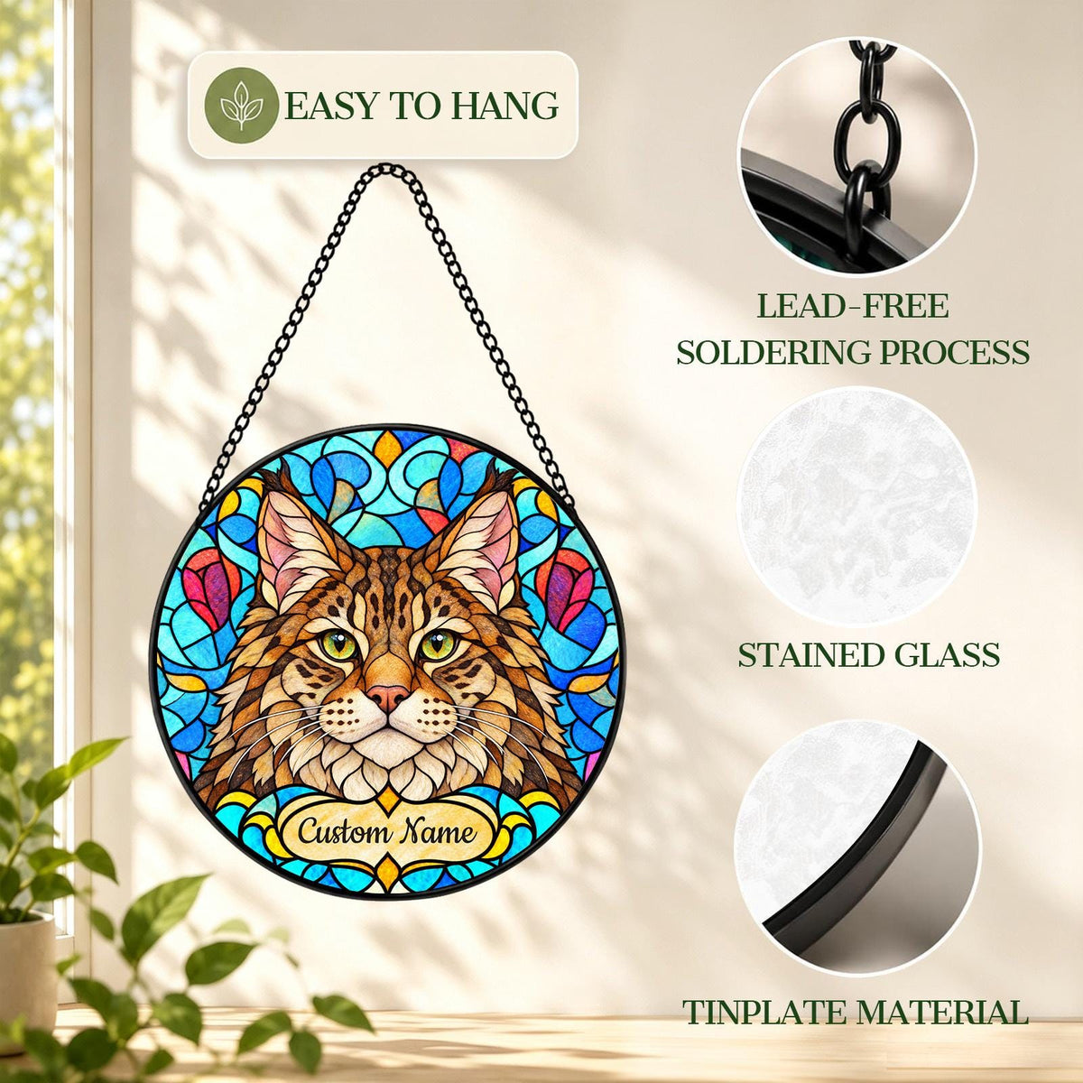 Personalized Pixie-bob Cat Suncatcher, Custom Name, Floral Stained Glass Window Hanging