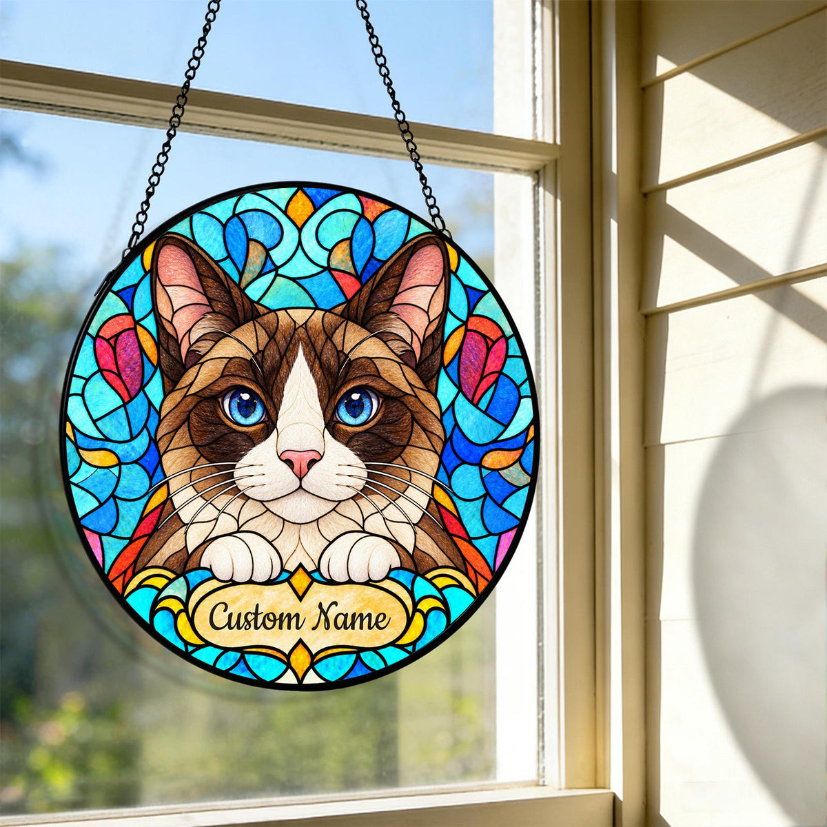 Personalized Snowshoe Cat Suncatcher, Custom Name, Floral Stained Glass Window Hanging