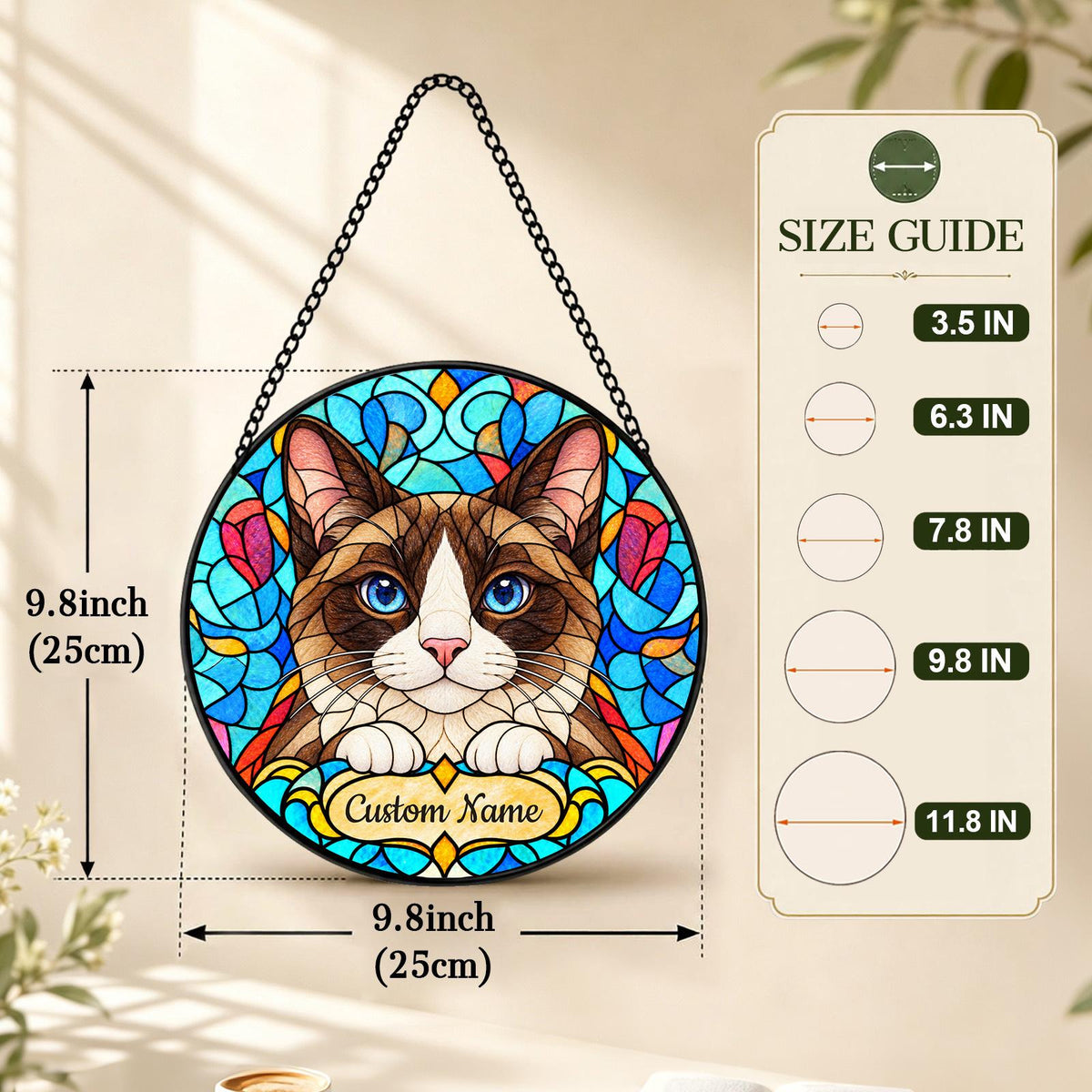Personalized Snowshoe Cat Suncatcher, Custom Name, Floral Stained Glass Window Hanging