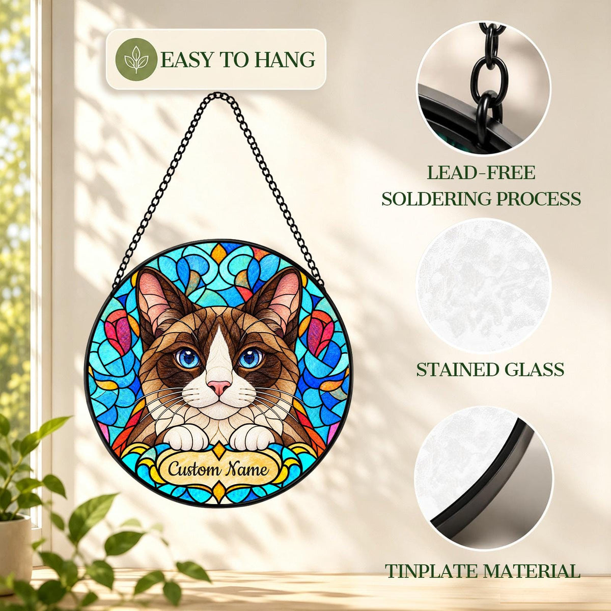 Personalized Snowshoe Cat Suncatcher, Custom Name, Floral Stained Glass Window Hanging