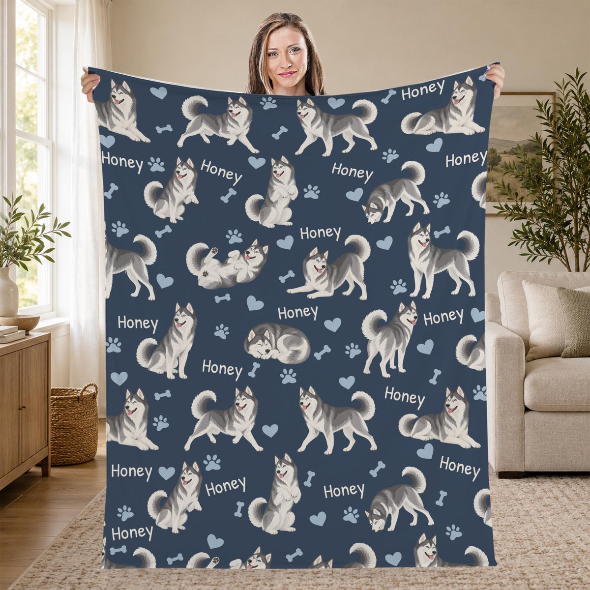 Personalized Siberian Husky Blanket, Pet Blanket with Name