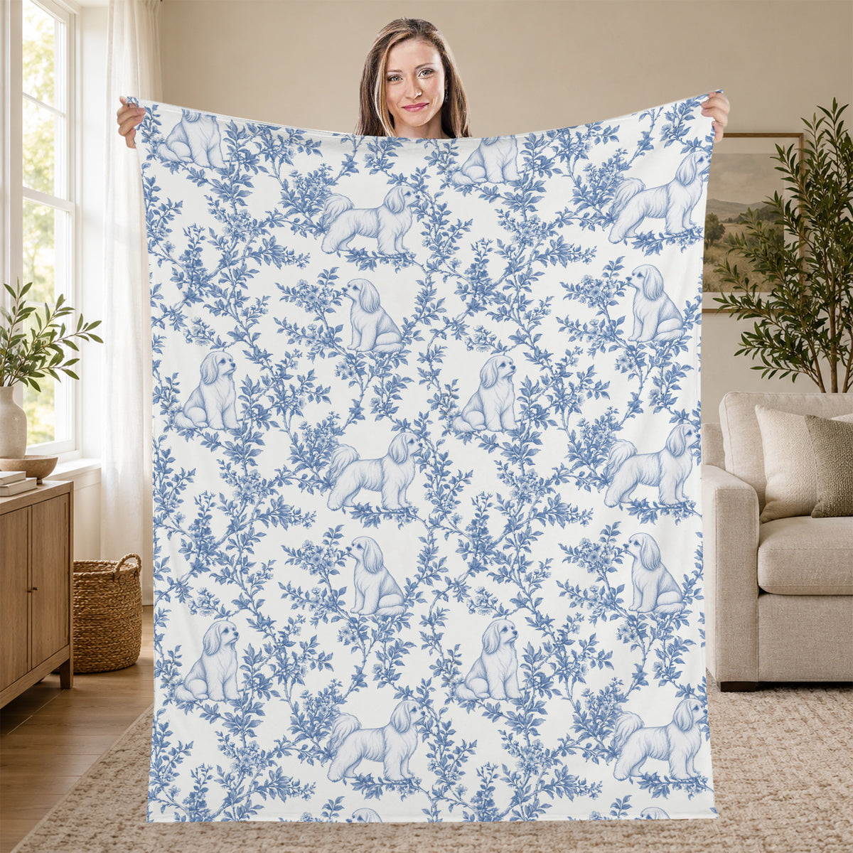 Maltese toile de Jouy blanket - Blue Blanket Held Living Room