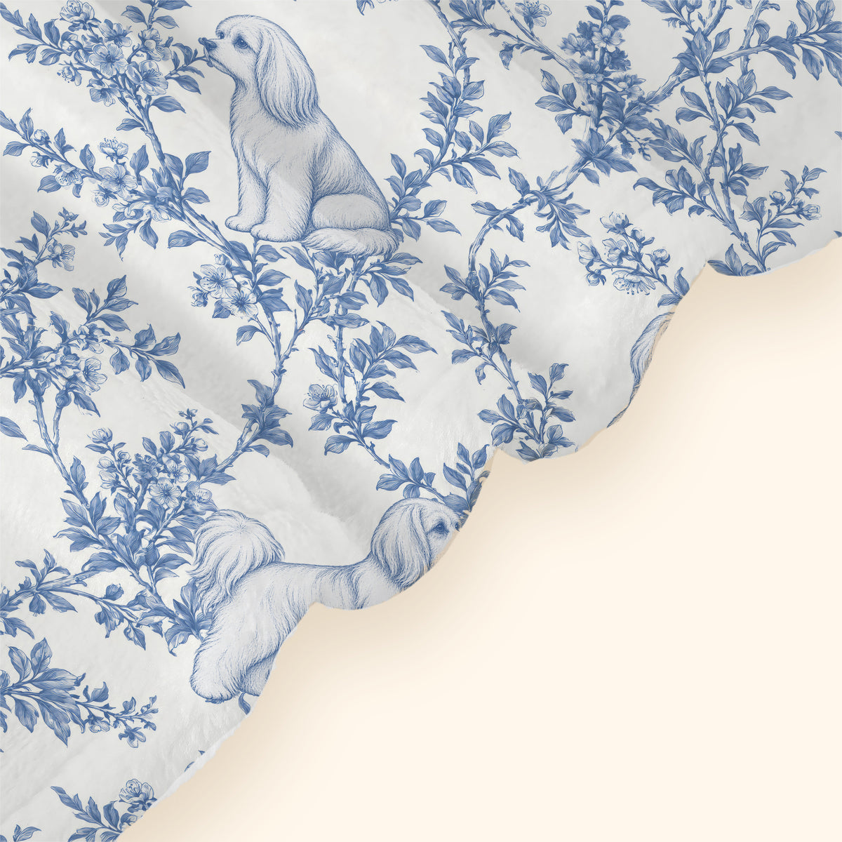 Maltese toile de Jouy blanket - Blue Blanket Hem Closeup