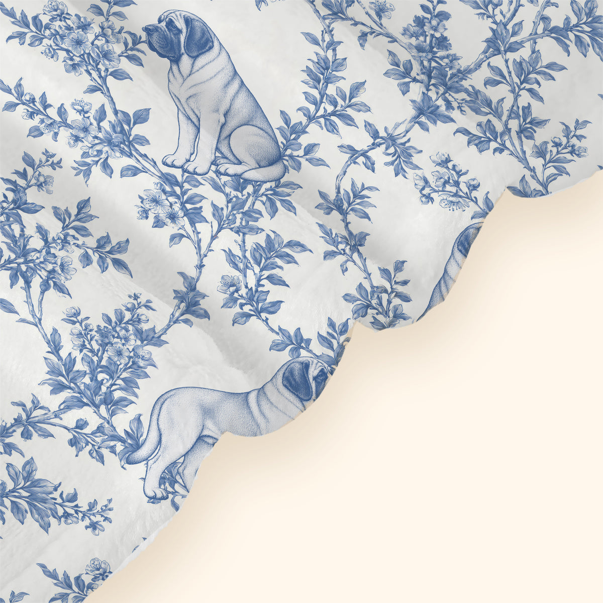 Mastiff toile de Jouy blanket - Blue Blanket Hem Closeup