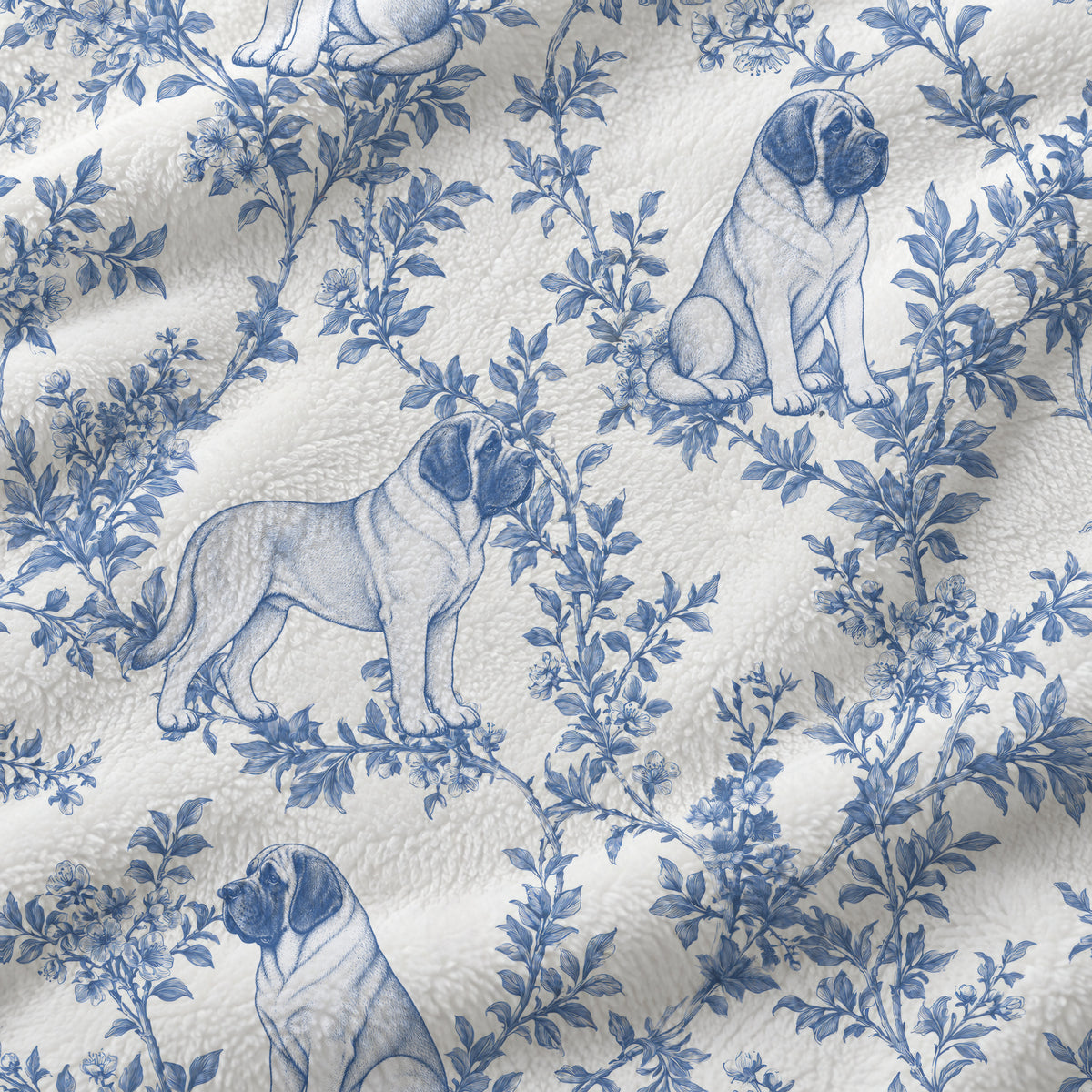 Mastiff toile de Jouy blanket - Blue Blanket Fabric Closeup
