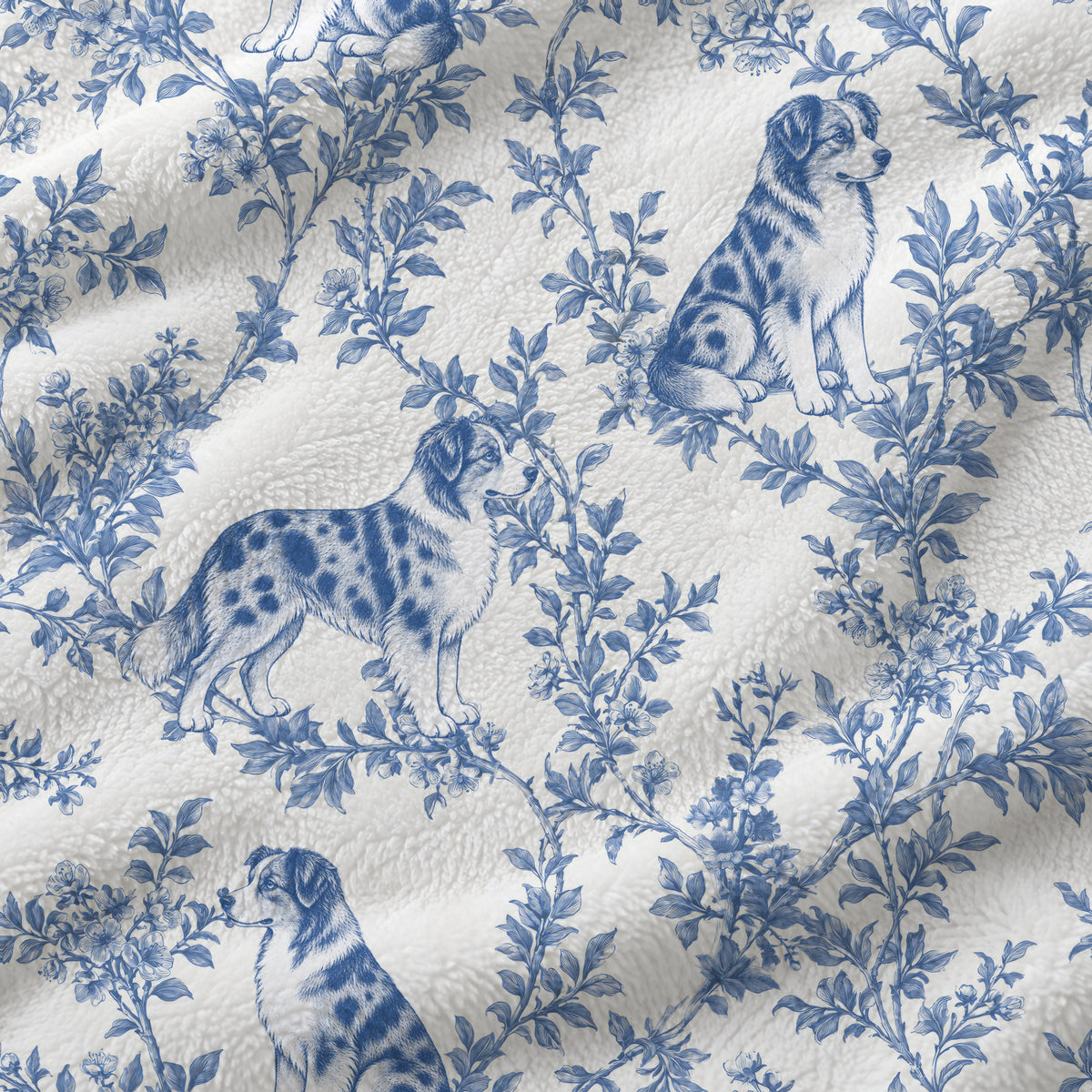 Miniature American Shepherd toile de Jouy blanket - Blue Blanket Fabric Closeup