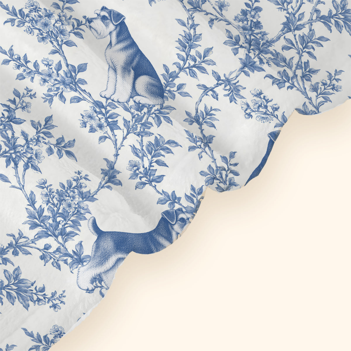 Miniature Schnauzer toile de Jouy blanket - Blue Blanket Hem Closeup