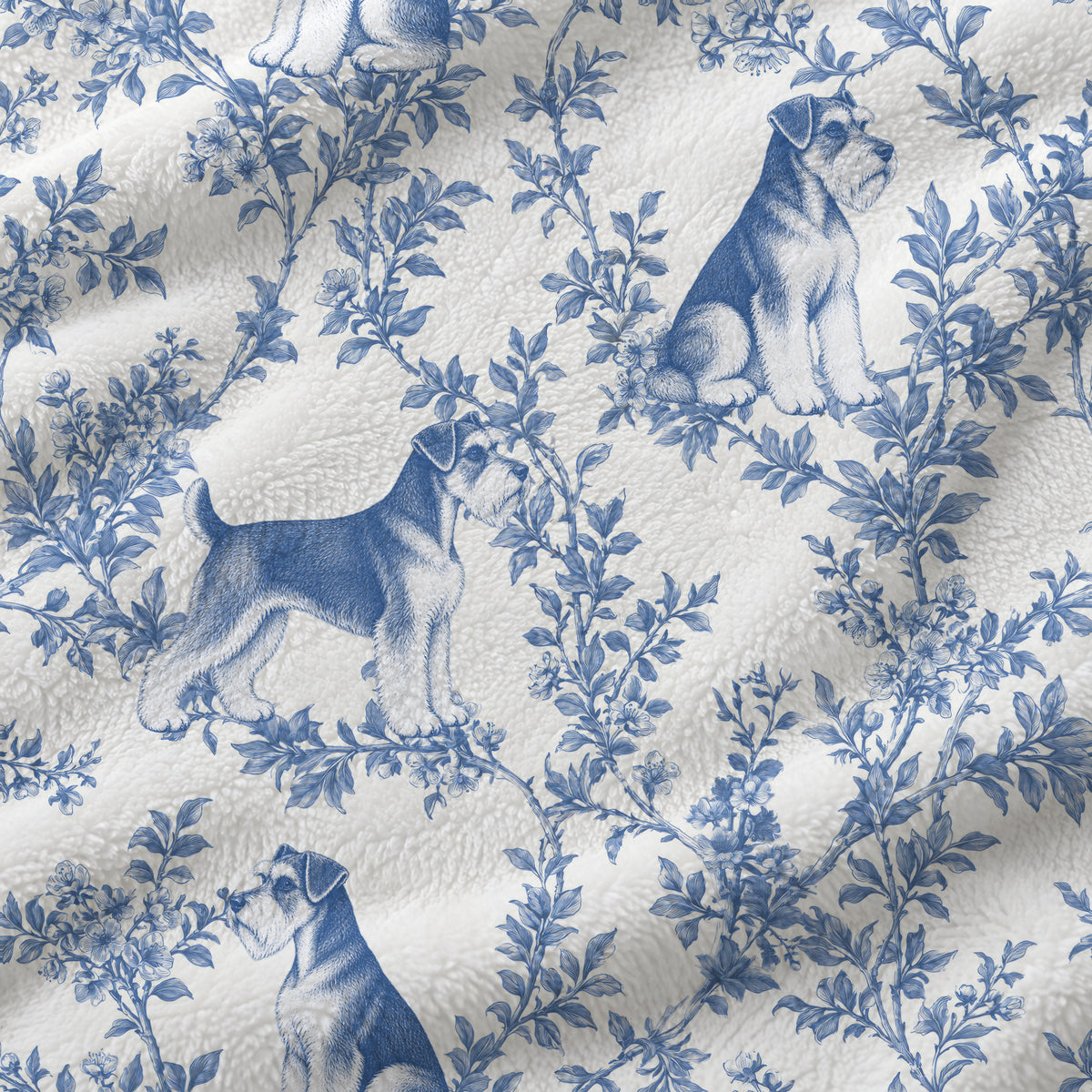 Miniature Schnauzer toile de Jouy blanket - Blue Blanket Fabric Closeup