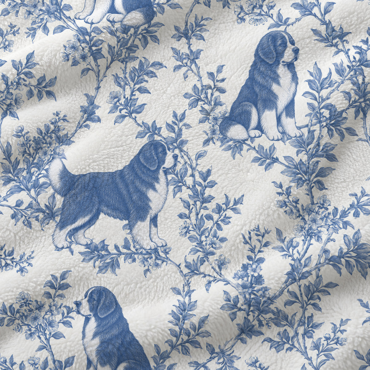 Newfoundland toile de Jouy blanket - Blue Blanket Fabric Closeup