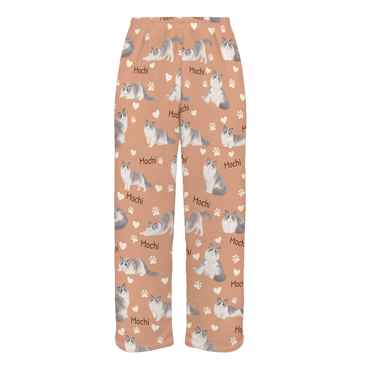 Personalized Ragdoll Cat Pajama Pants, Custom Pet Name Fleece Trousers, Cat Lover Gift — Peach full-trouser mockup