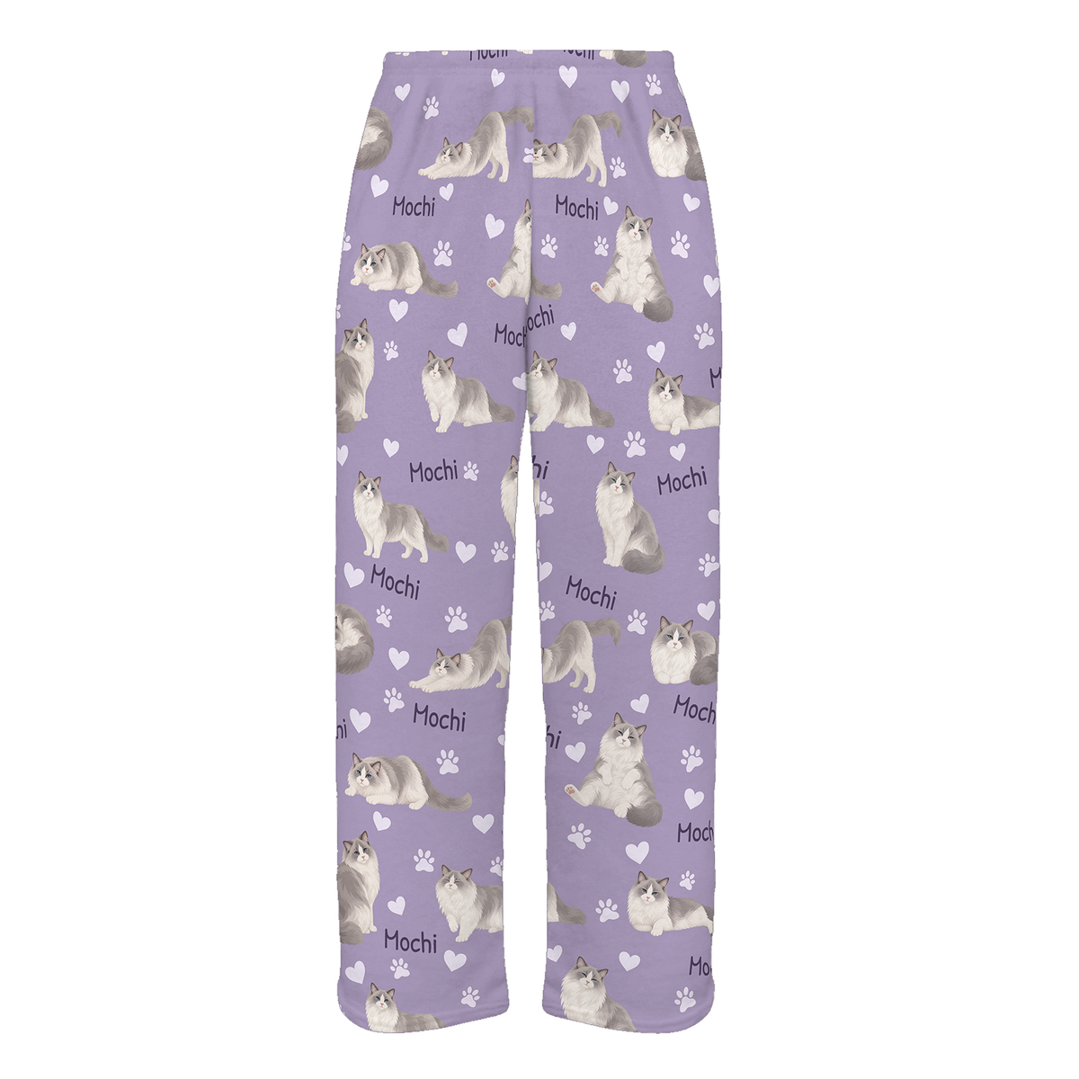 Personalized Ragdoll Cat Pajama Pants, Custom Pet Name Fleece Trousers, Cat Lover Gift — Soft Lavender full-trouser mockup