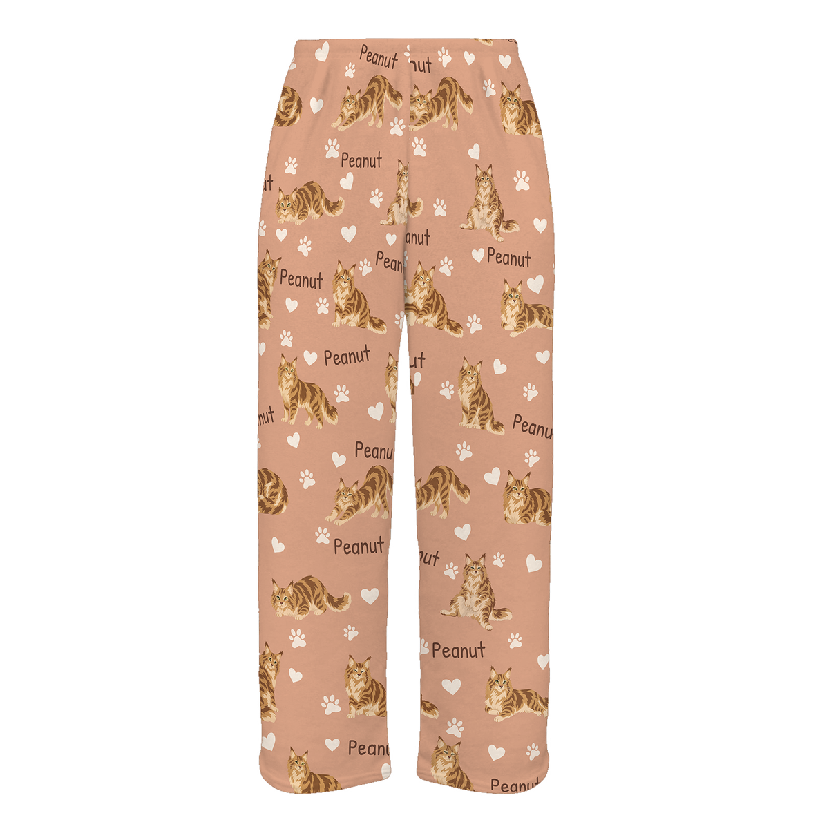 Personalized Maine Coon Cat Pajama Pants, Custom Pet Name Fleece Trousers, Cat Lover Gift — Peach full-trouser mockup