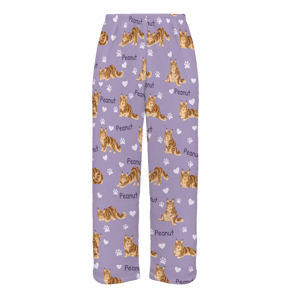 Personalized Maine Coon Cat Pajama Pants, Custom Pet Name Fleece Trousers, Cat Lover Gift — Soft Lavender full-trouser mockup
