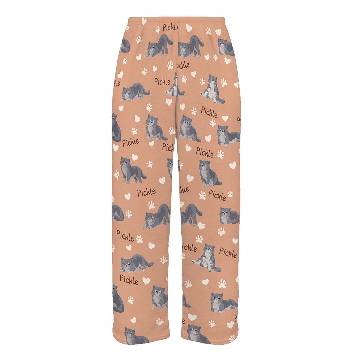 Personalized Exotic Shorthair Cat Pajama Pants, Custom Pet Name Fleece Trousers, Cat Lover Gift — Peach full-trouser mockup