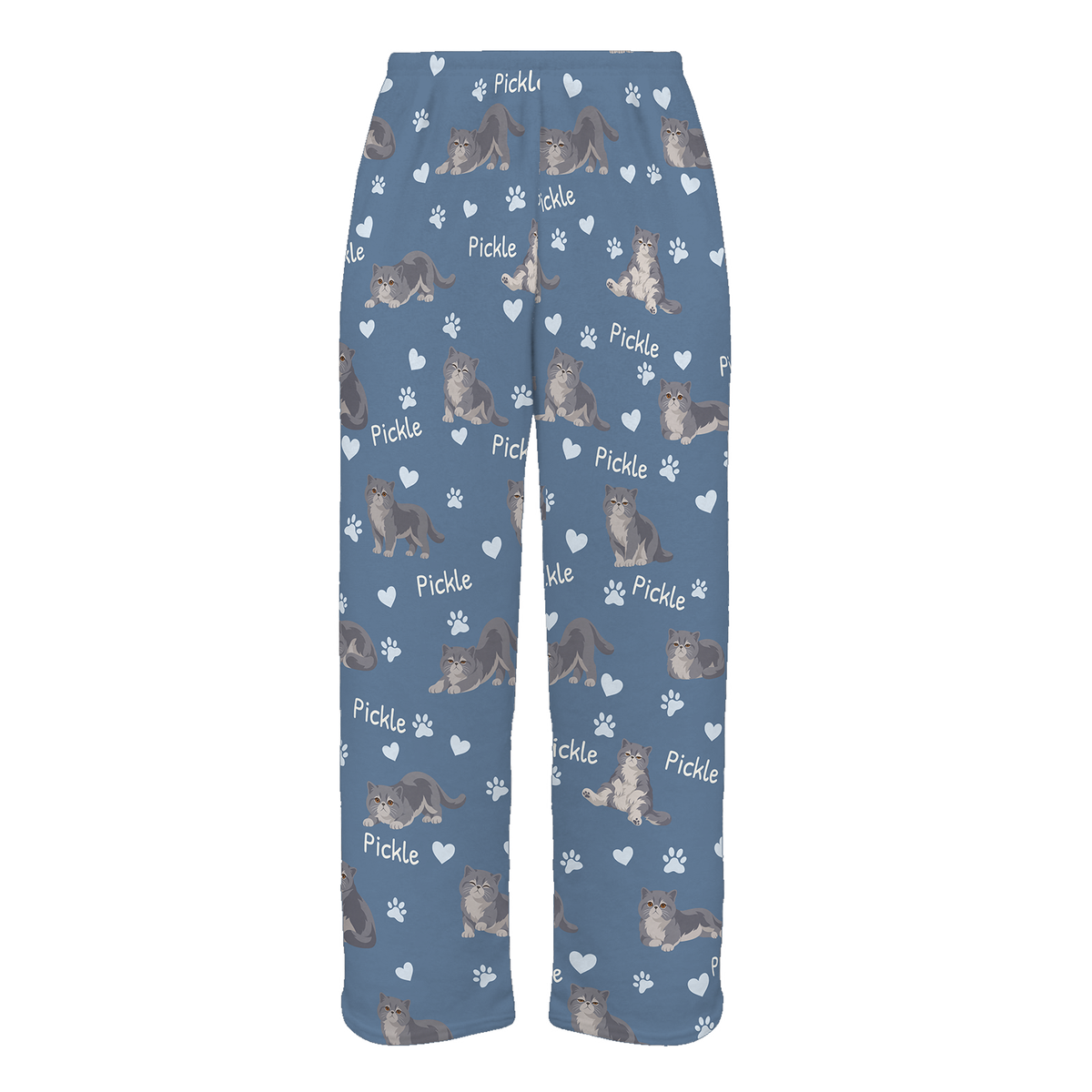 Personalized Exotic Shorthair Cat Pajama Pants, Custom Pet Name Fleece Trousers, Cat Lover Gift — Slate Blue full-trouser mockup