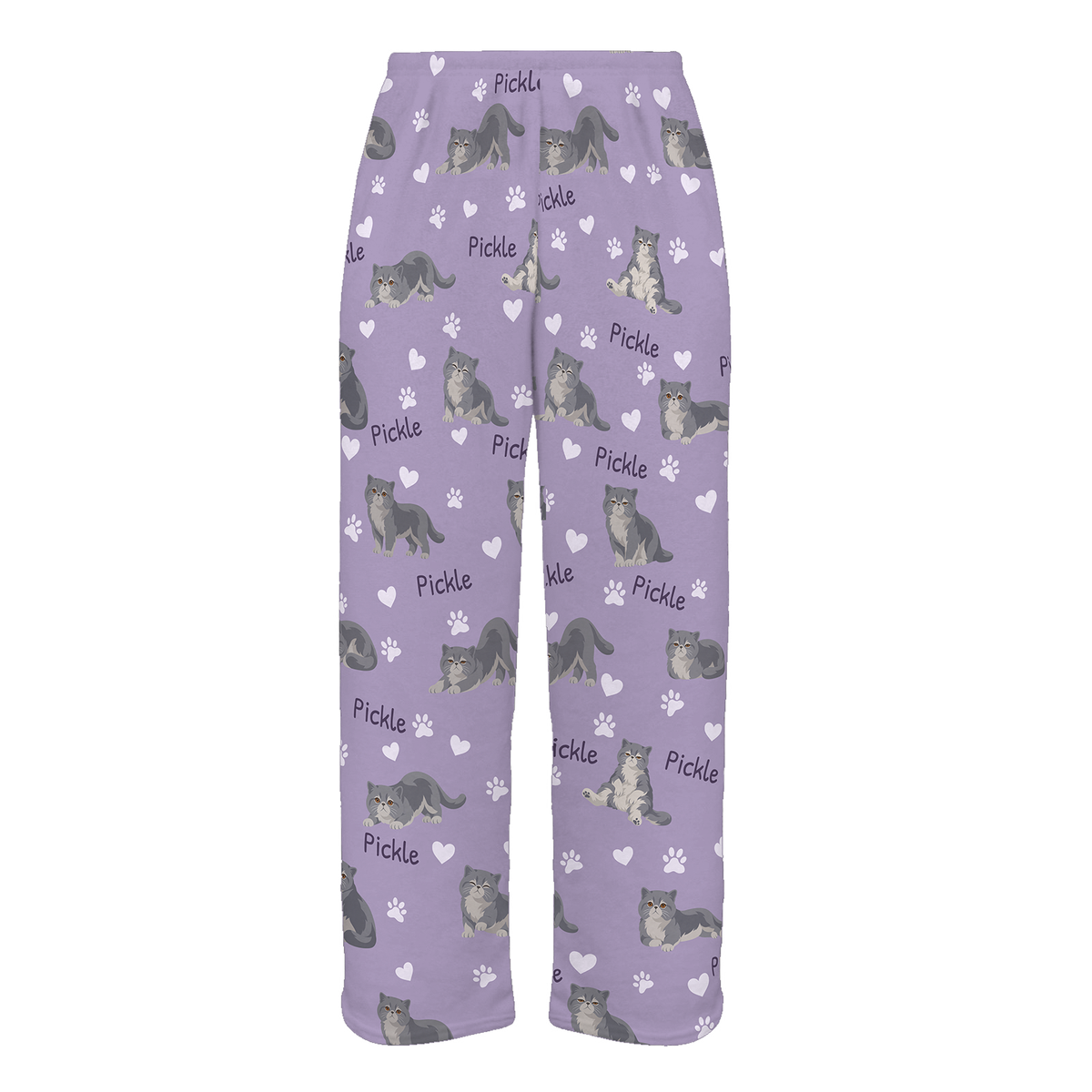 Personalized Exotic Shorthair Cat Pajama Pants, Custom Pet Name Fleece Trousers, Cat Lover Gift — Soft Lavender full-trouser mockup