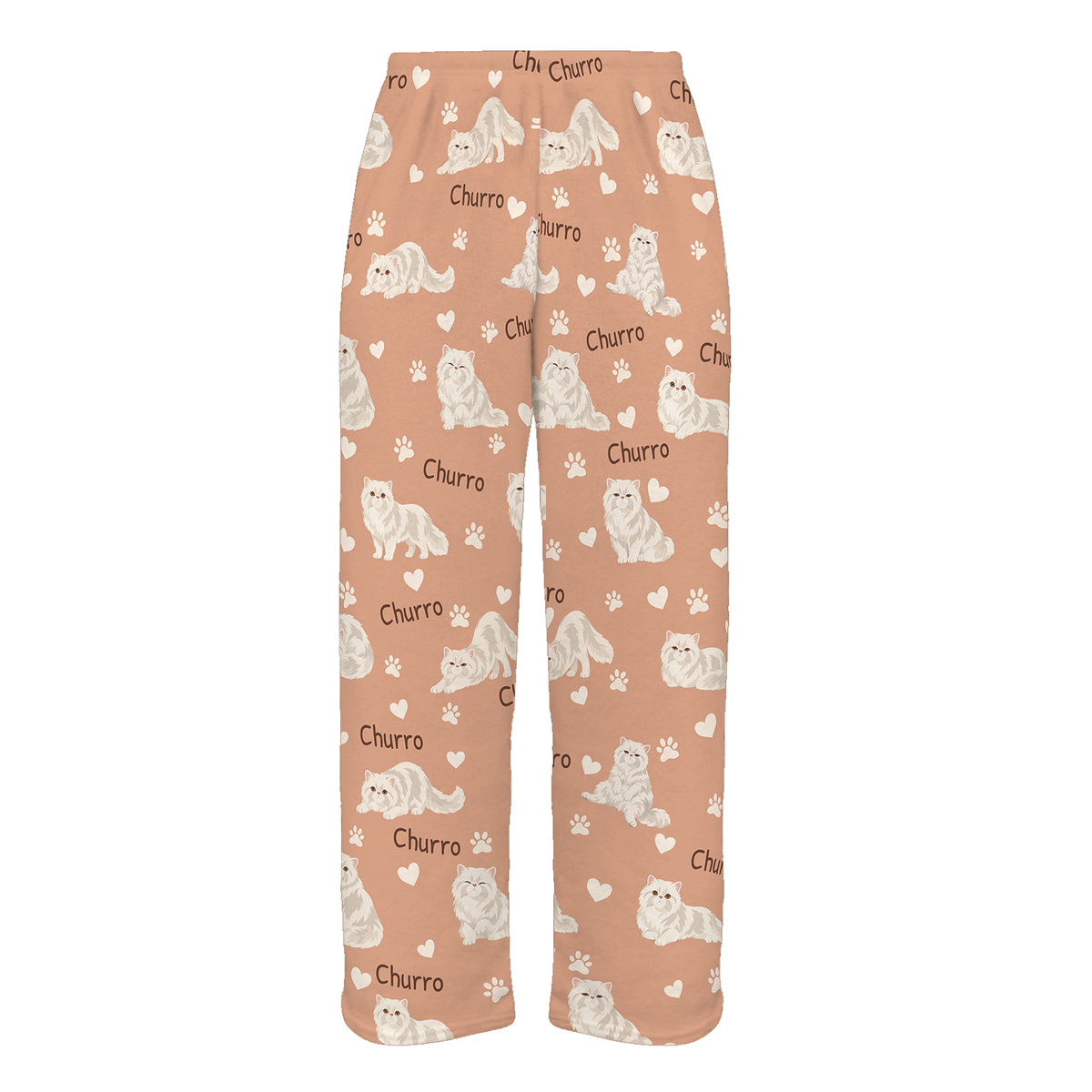 Personalized Persian Cat Pajama Pants, Custom Pet Name Fleece Trousers, Cat Lover Gift — Peach full-trouser mockup