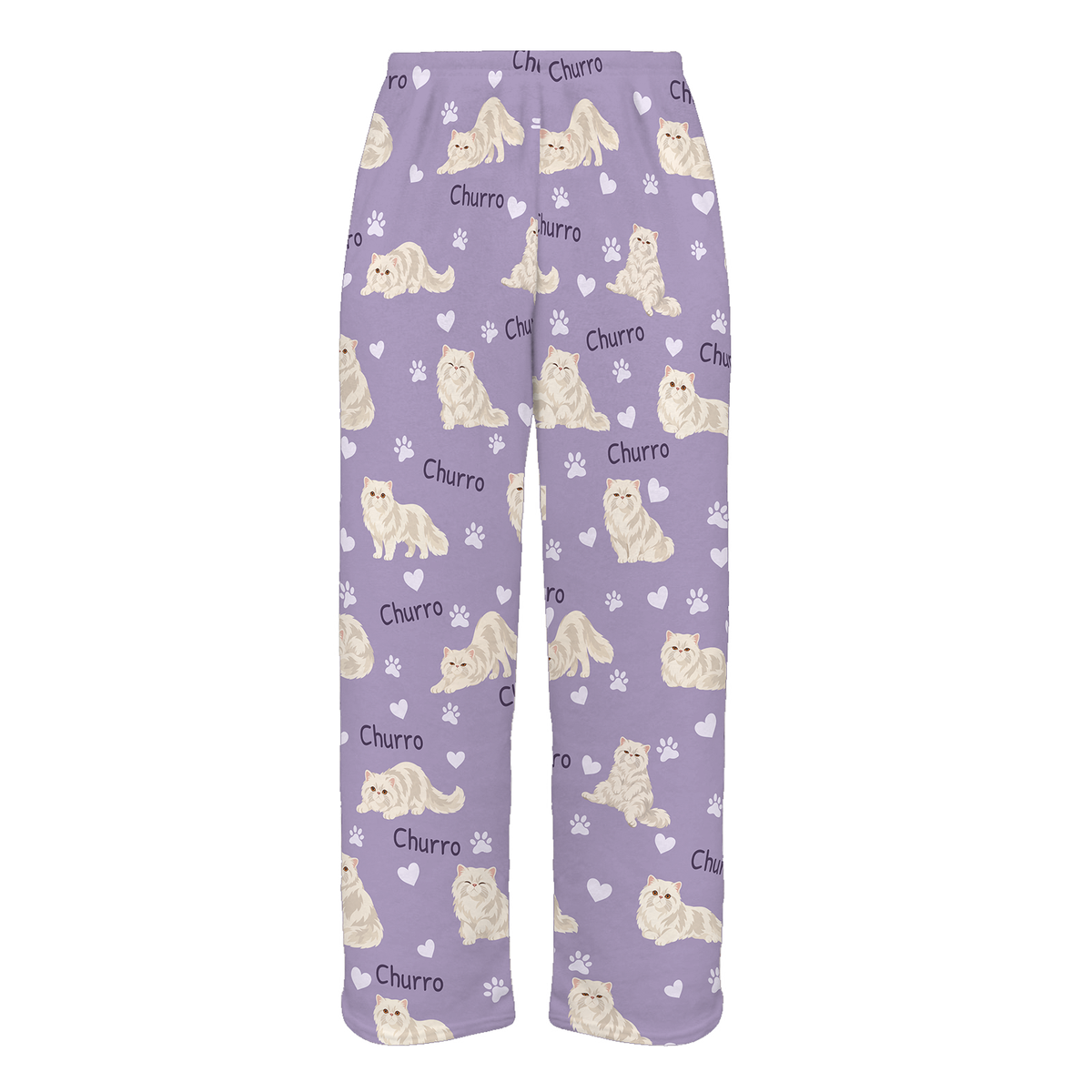 Personalized Persian Cat Pajama Pants, Custom Pet Name Fleece Trousers, Cat Lover Gift — Soft Lavender full-trouser mockup