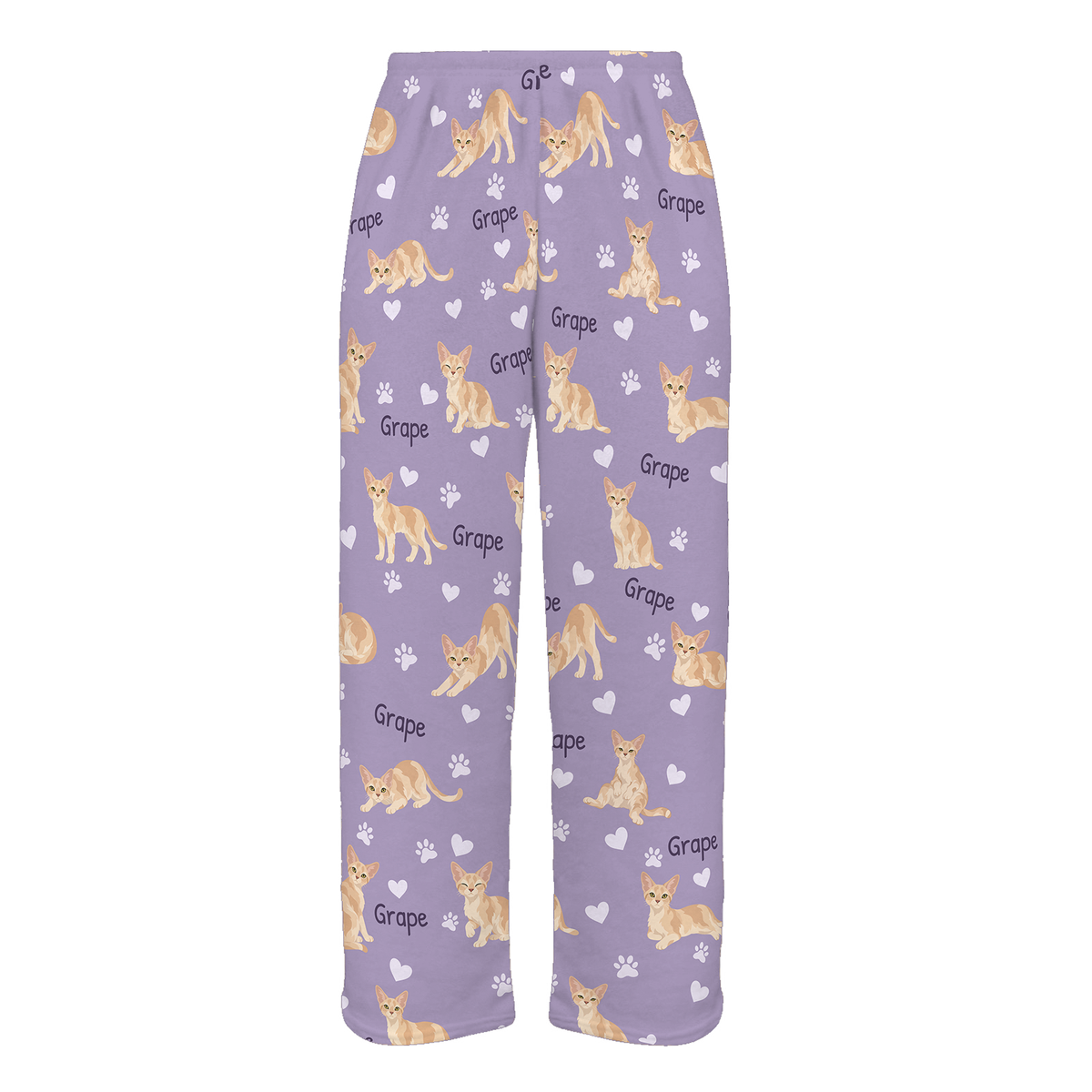 Personalized Devon Rex Cat Pajama Pants, Custom Pet Name Fleece Trousers, Cat Lover Gift — Soft Lavender full-trouser mockup