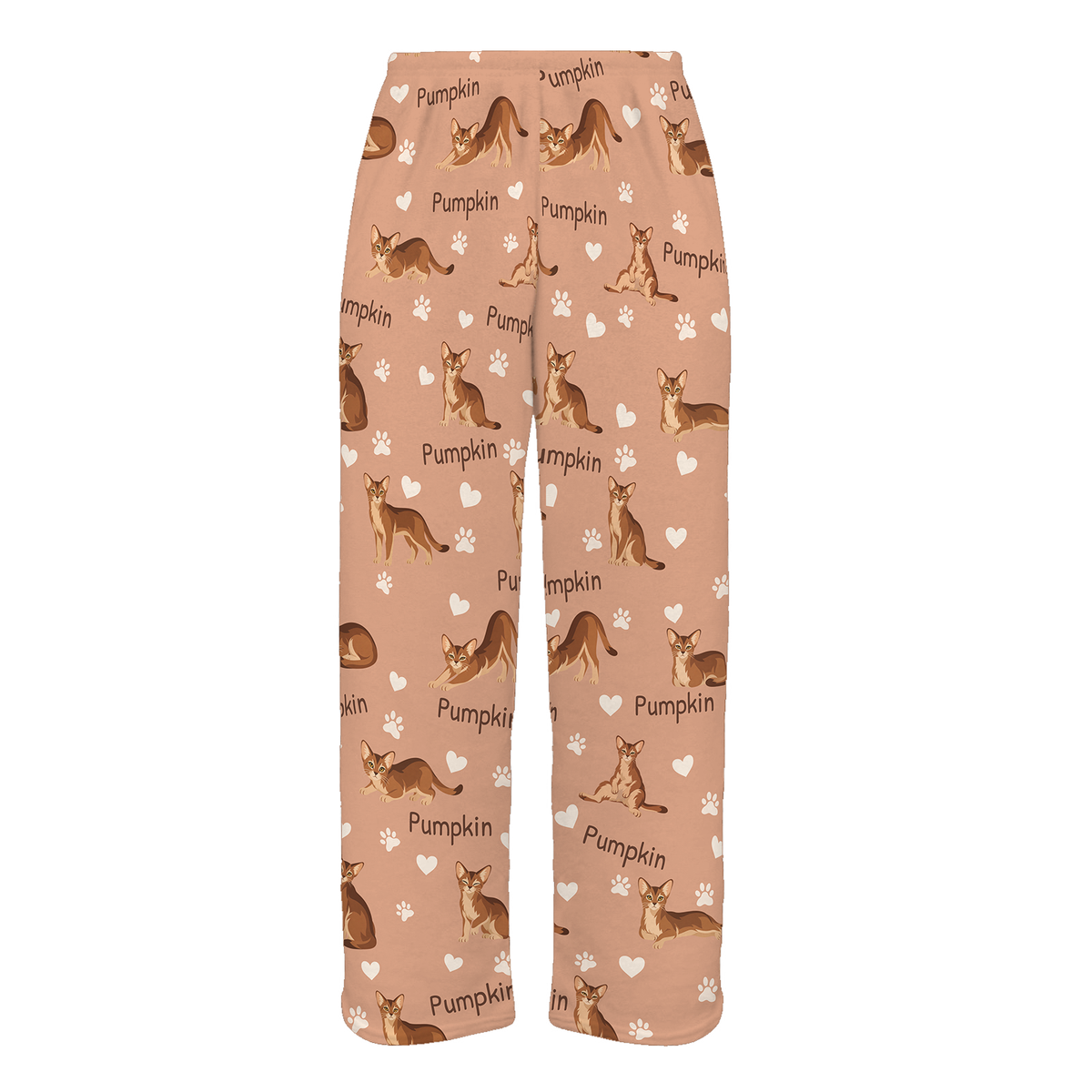 Personalized Abyssinian Cat Pajama Pants, Custom Pet Name Fleece Trousers, Cat Lover Gift — Peach full-trouser mockup