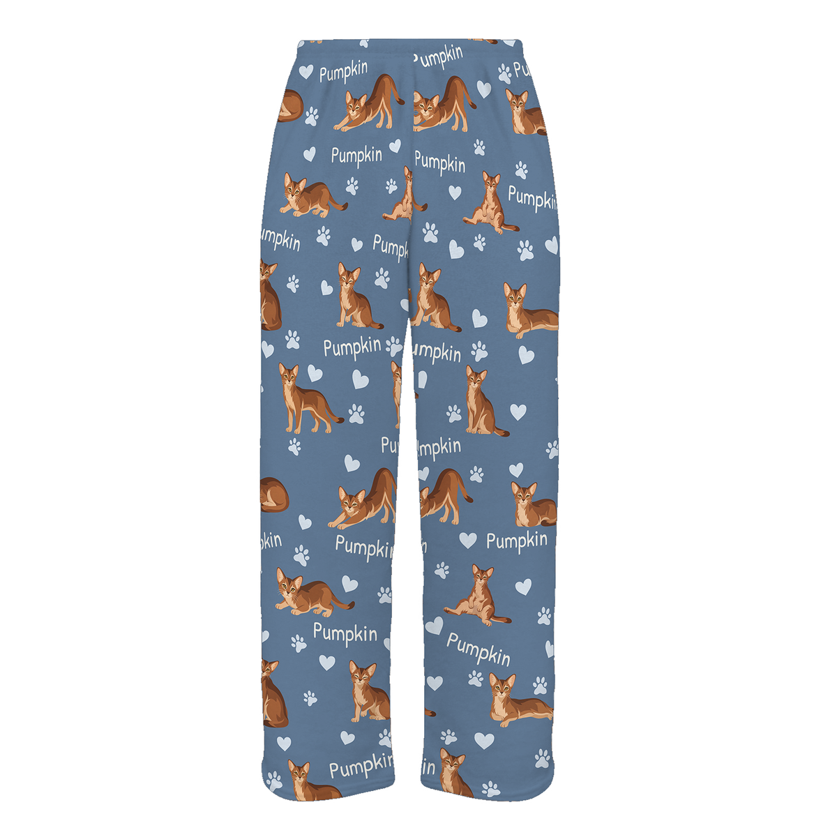 Personalized Abyssinian Cat Pajama Pants, Custom Pet Name Fleece Trousers, Cat Lover Gift — Slate Blue full-trouser mockup