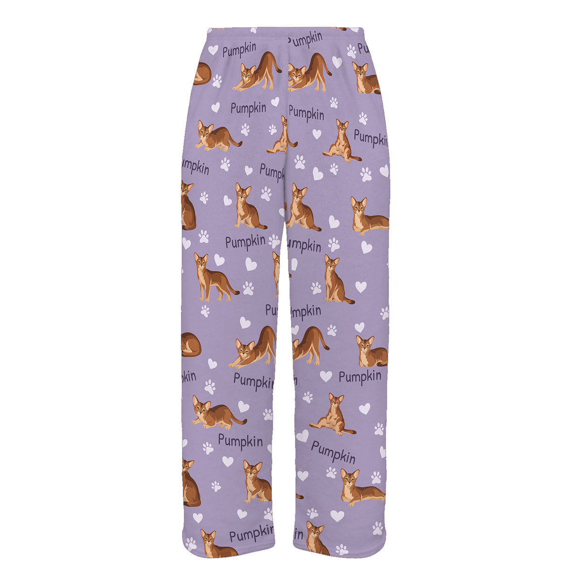 Personalized Abyssinian Cat Pajama Pants, Custom Pet Name Fleece Trousers, Cat Lover Gift — Soft Lavender full-trouser mockup