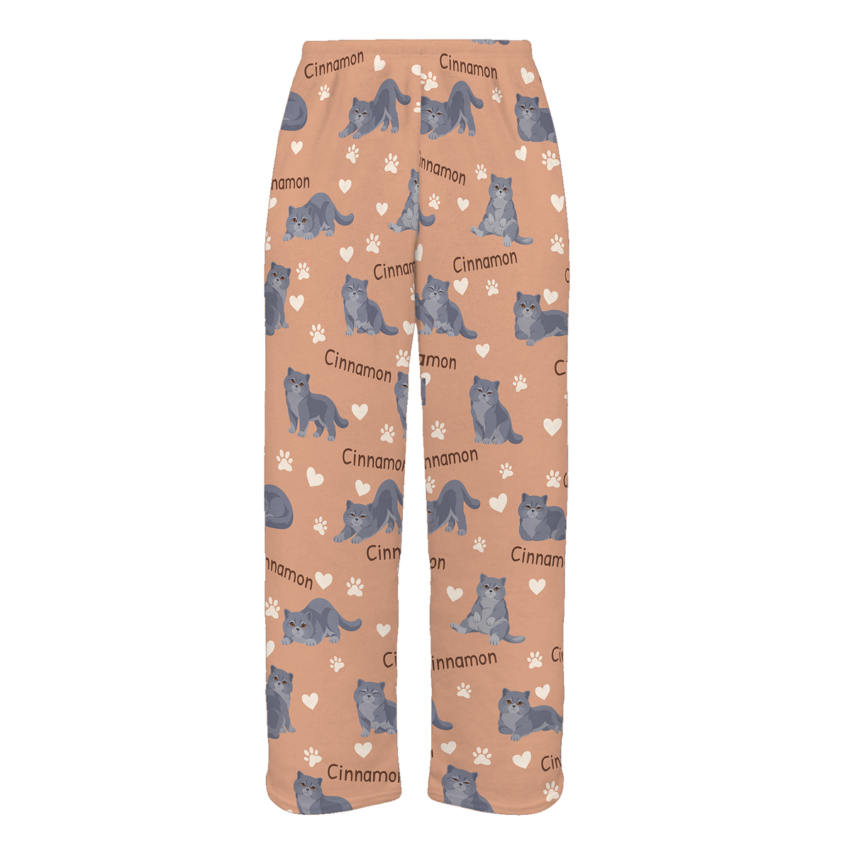 Personalized British Shorthair Cat Pajama Pants, Custom Pet Name Fleece Trousers, Cat Lover Gift — Peach full-trouser mockup