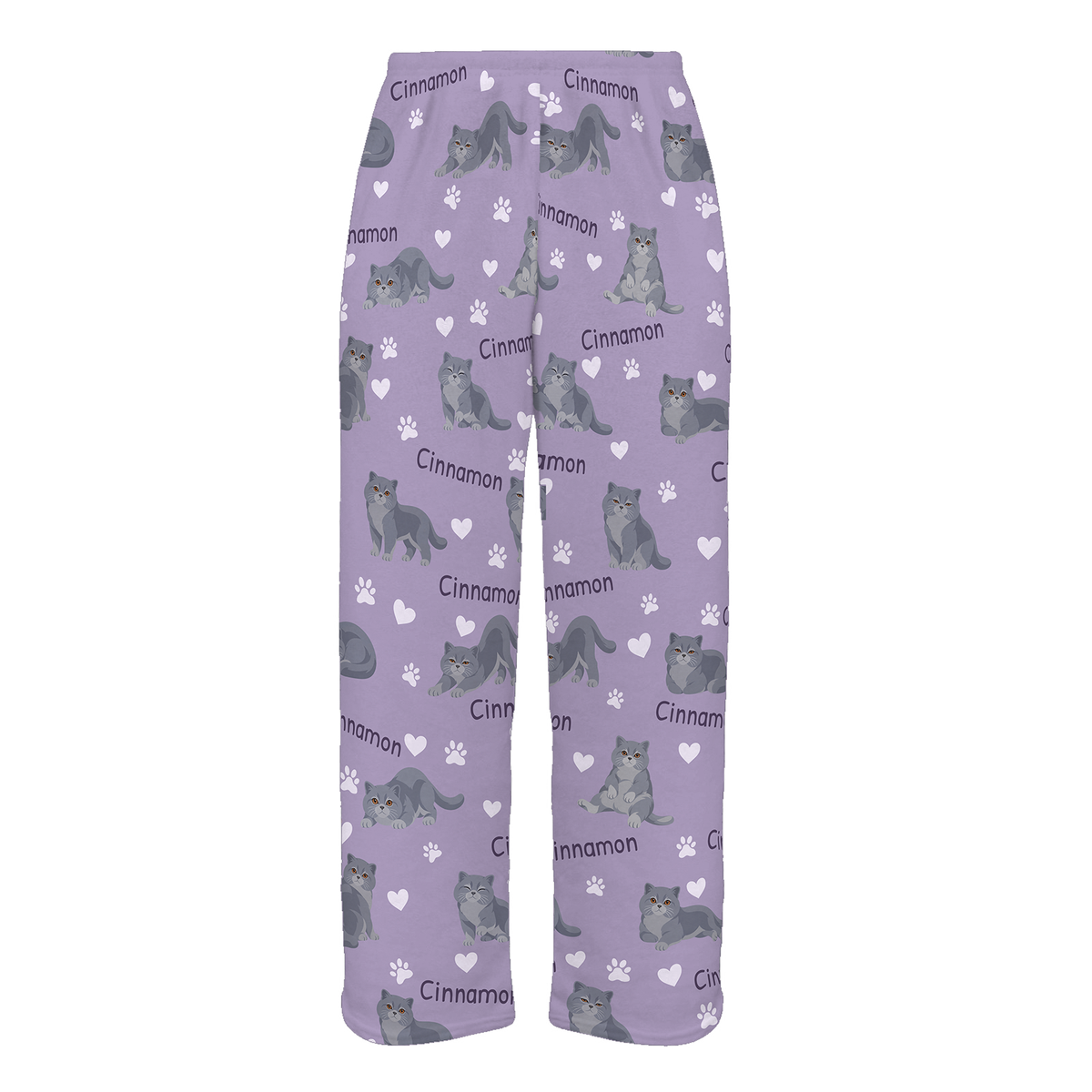 Personalized British Shorthair Cat Pajama Pants, Custom Pet Name Fleece Trousers, Cat Lover Gift — Soft Lavender full-trouser mockup