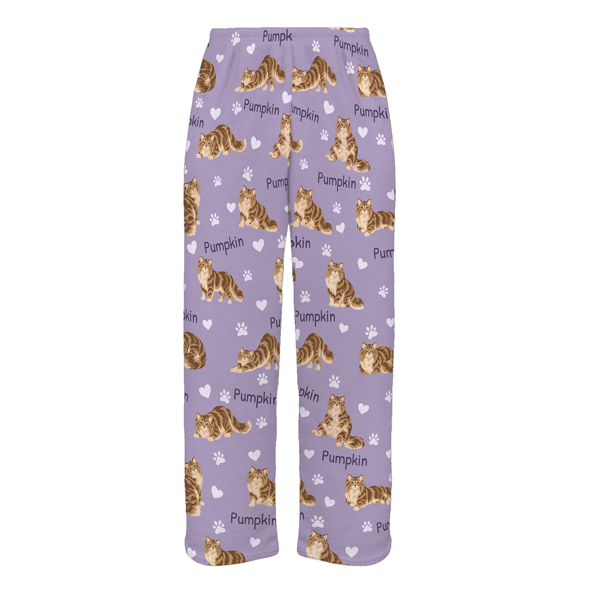 Personalized Siberian Cat Pajama Pants, Custom Pet Name Fleece Trousers, Cat Lover Gift — Soft Lavender full-trouser mockup