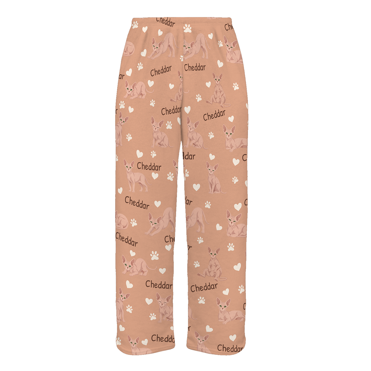 Personalized Sphynx Cat Pajama Pants, Custom Pet Name Fleece Trousers, Cat Lover Gift — Peach full-trouser mockup