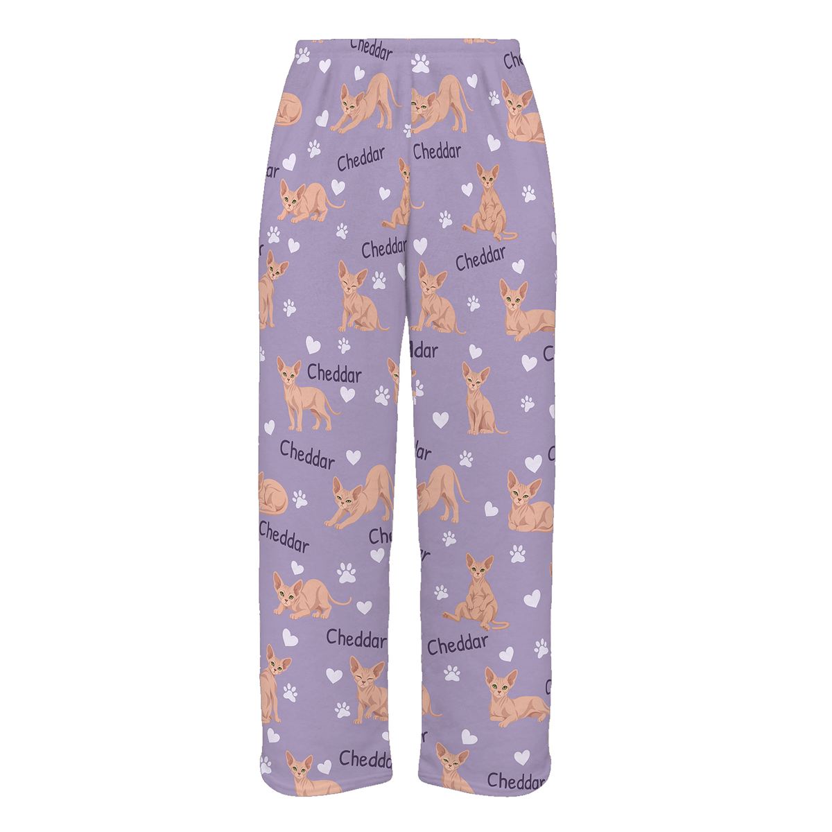 Personalized Sphynx Cat Pajama Pants, Custom Pet Name Fleece Trousers, Cat Lover Gift — Soft Lavender full-trouser mockup