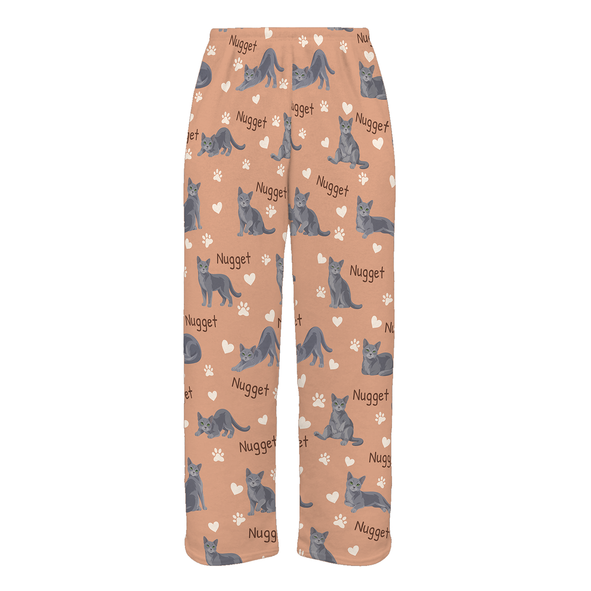 Personalized Russian Blue Cat Pajama Pants, Custom Pet Name Fleece Trousers, Cat Lover Gift — Peach full-trouser mockup