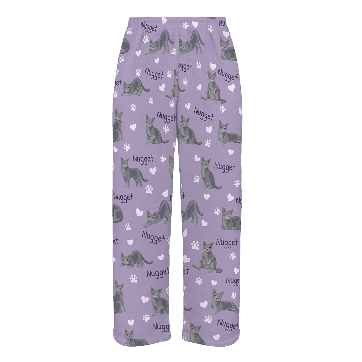 Personalized Russian Blue Cat Pajama Pants, Custom Pet Name Fleece Trousers, Cat Lover Gift — Soft Lavender full-trouser mockup