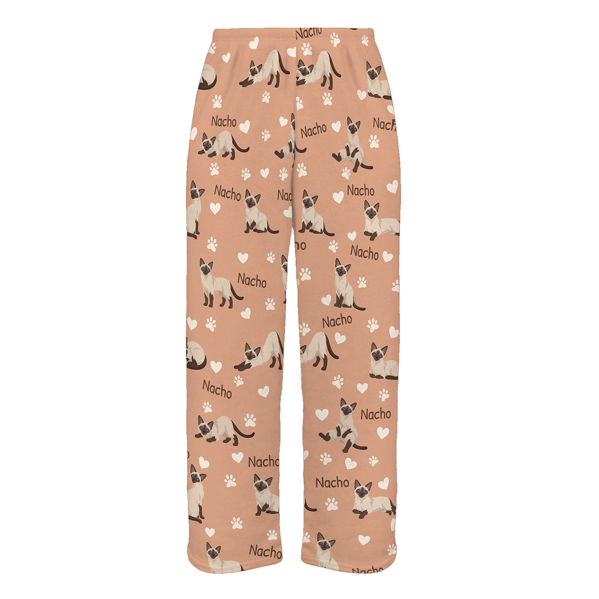Personalized Siamese Cat Pajama Pants, Custom Pet Name Fleece Trousers, Cat Lover Gift — Peach full-trouser mockup