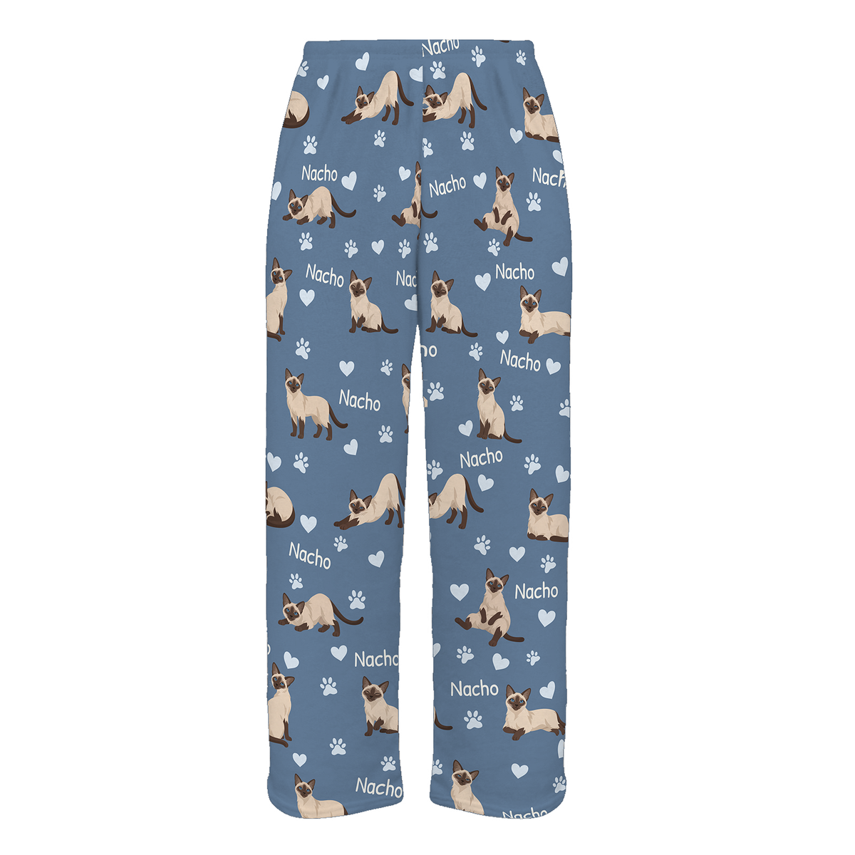 Personalized Siamese Cat Pajama Pants, Custom Pet Name Fleece Trousers, Cat Lover Gift — Slate Blue full-trouser mockup
