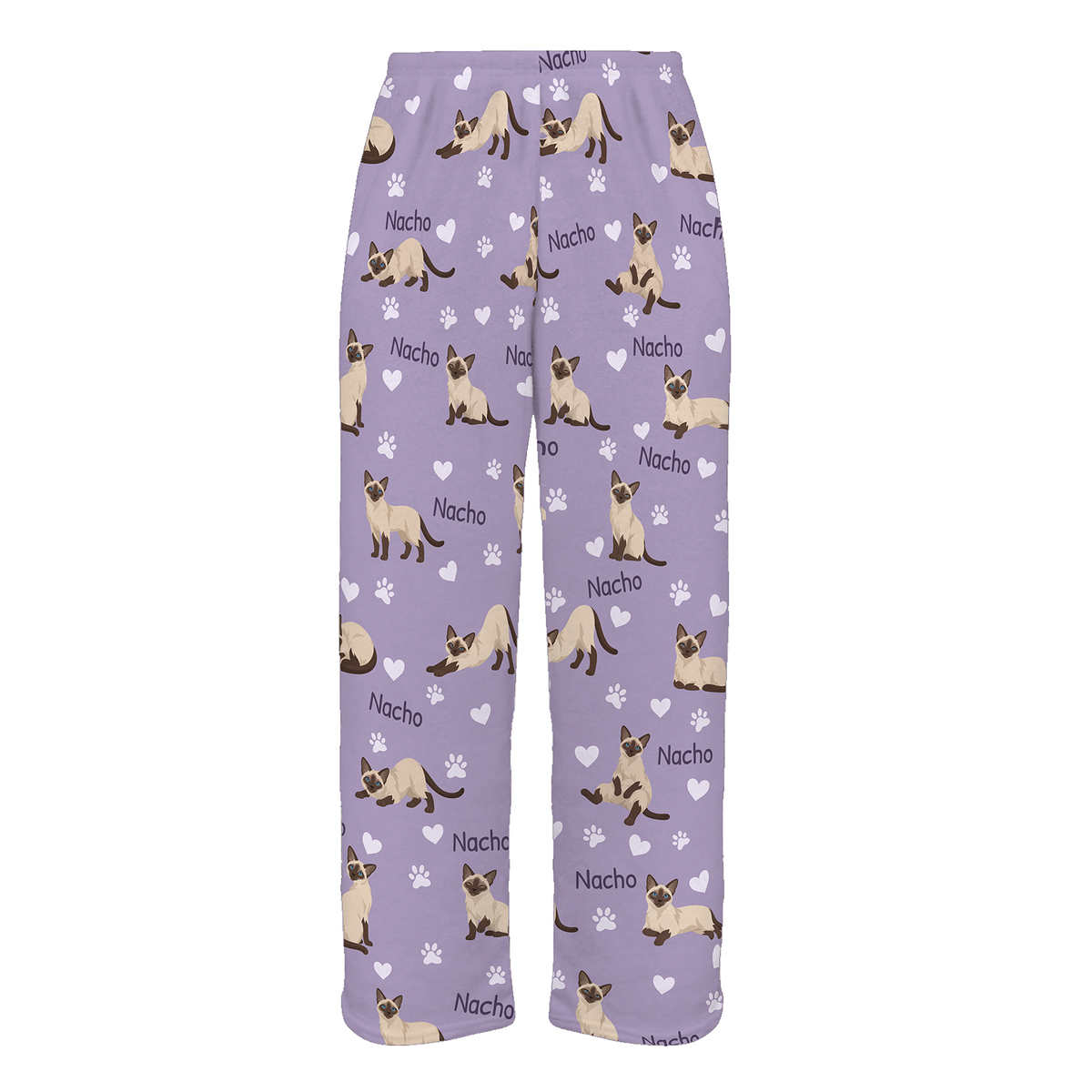 Personalized Siamese Cat Pajama Pants, Custom Pet Name Fleece Trousers, Cat Lover Gift — Soft Lavender full-trouser mockup