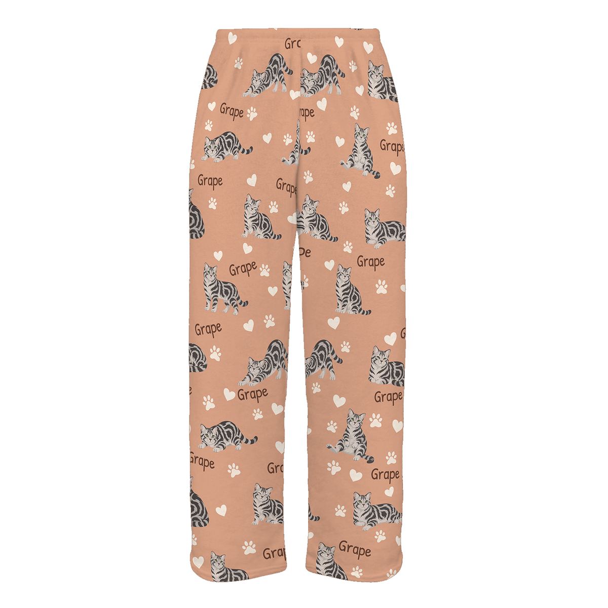 Personalized American Shorthair Cat Pajama Pants, Custom Pet Name Fleece Trousers, Cat Lover Gift — Peach full-trouser mockup
