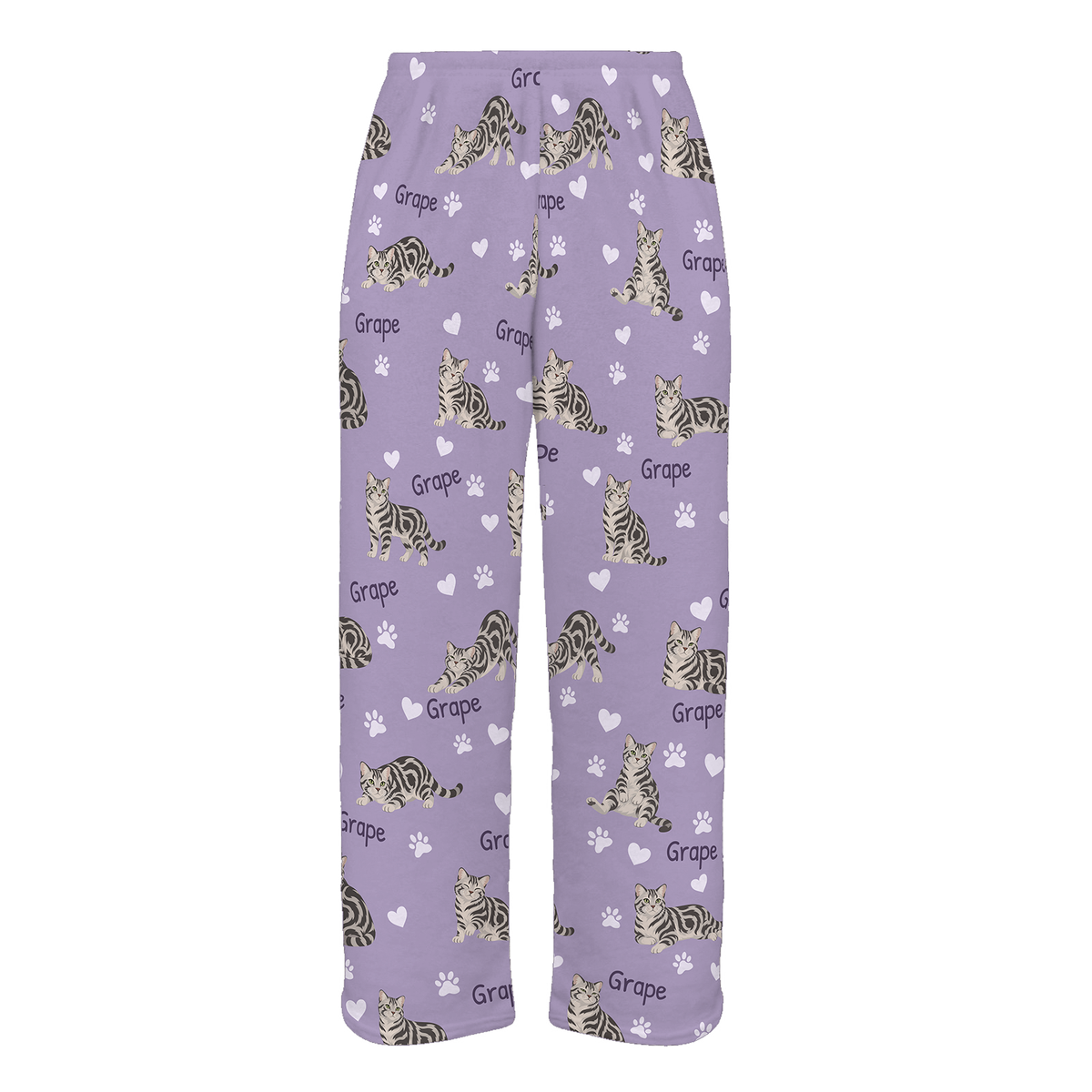 Personalized American Shorthair Cat Pajama Pants, Custom Pet Name Fleece Trousers, Cat Lover Gift — Soft Lavender full-trouser mockup