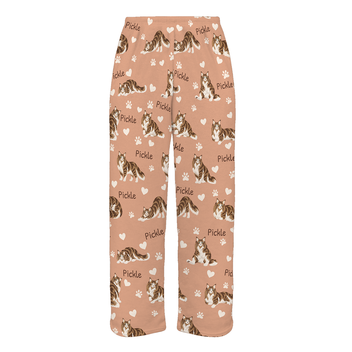Personalized Norwegian Forest Cat Pajama Pants, Custom Pet Name Fleece Trousers, Cat Lover Gift — Peach full-trouser mockup