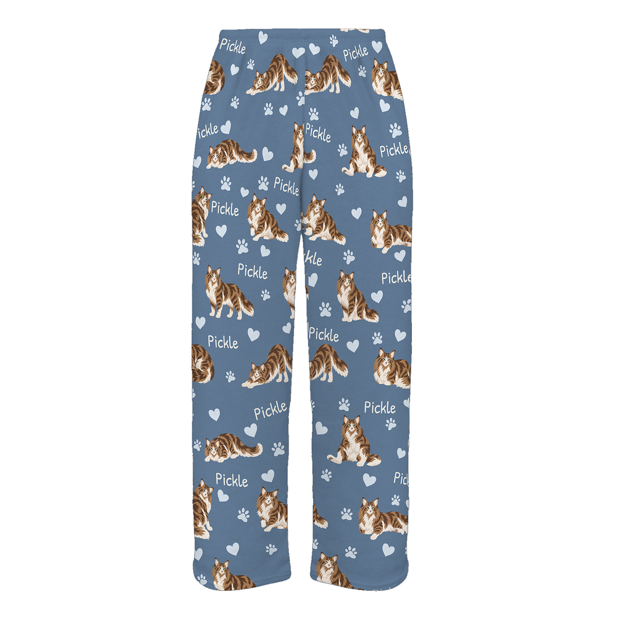 Personalized Norwegian Forest Cat Pajama Pants, Custom Pet Name Fleece Trousers, Cat Lover Gift — Slate Blue full-trouser mockup