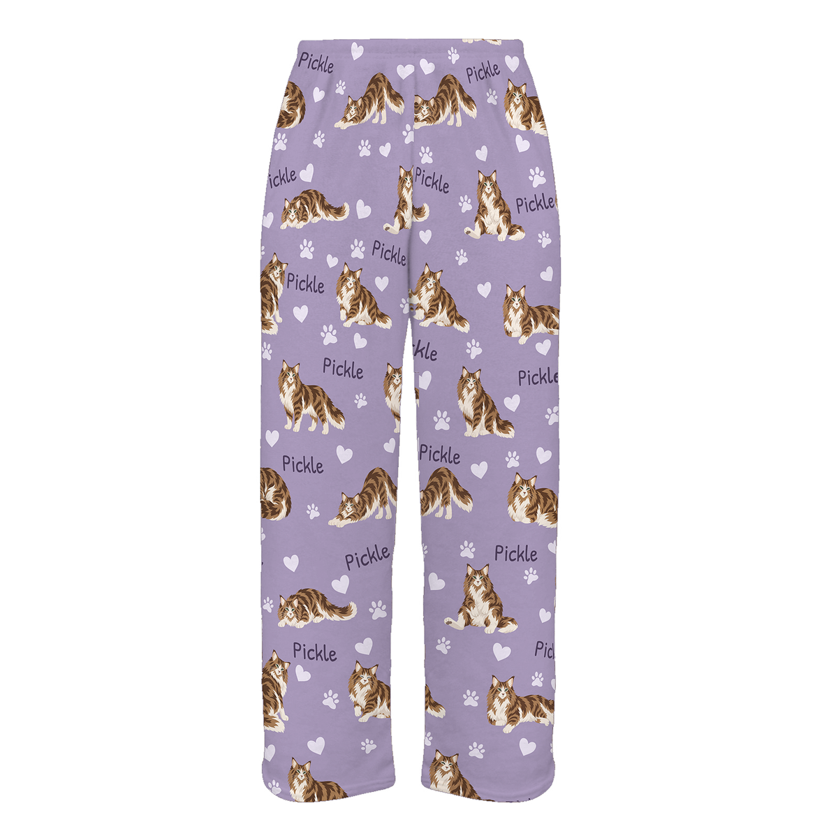 Personalized Norwegian Forest Cat Pajama Pants, Custom Pet Name Fleece Trousers, Cat Lover Gift — Soft Lavender full-trouser mockup