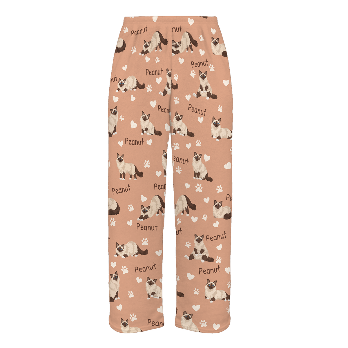 Personalized Birman Cat Pajama Pants, Custom Pet Name Fleece Trousers, Cat Lover Gift — Peach full-trouser mockup