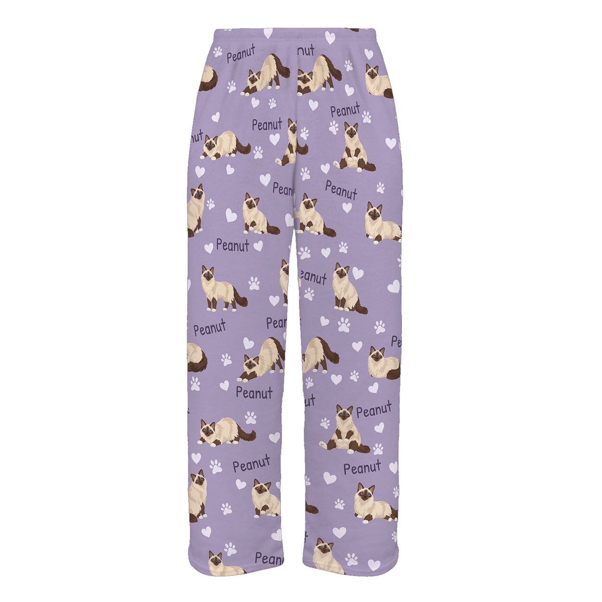 Personalized Birman Cat Pajama Pants, Custom Pet Name Fleece Trousers, Cat Lover Gift — Soft Lavender full-trouser mockup